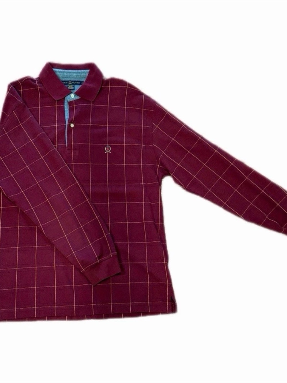 Tommy Hilfiger Burgundy Windowpane Polo Long Sleeve Size L